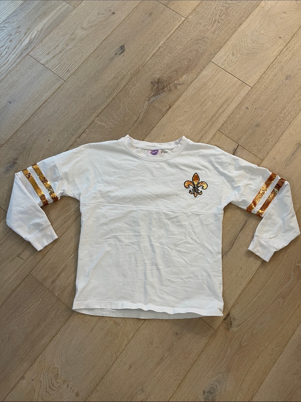 SPARKLE CITY White Long-Sleeve Tee with sequined Fleur-de-Lis and WHO DAT XS